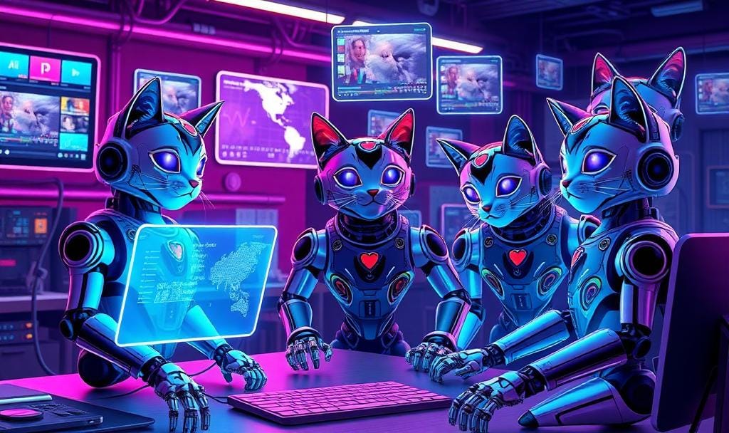 Futuristic cat robots creating and editing videos on floating holographic screens, representing AI-generated content and the future of YouTube creators.