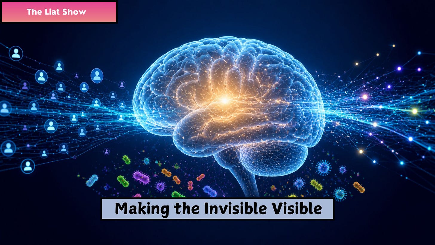 Liat Portal for The Liat Show: When Visibility Becomes Infrastructure, Making the Invisible Visible  Liat Portal for The Liat Show shows a glowing brain in the center of a dark blue research network, with patient data icons flowing into the brain from one side and connected data lines flowing outward on the other. Small colorful microbiome forms appear below the brain. The image represents the fifth episode in the Parkinson’s series by Liat Portal, written with Dr. Minna Schmidt, and connects public visibility, patient participation, research infrastructure, Fox Insight, brain science, microbiome signals, and the data Parkinson’s research still needs. patient data, research infrastructure, Fox Insight, brain network, microbiome signals