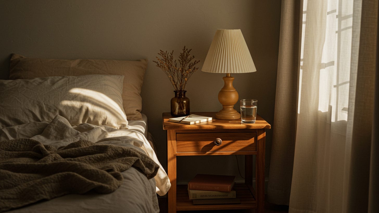 Quarto iluminado pela luz suave da manhã. Ao lado da cama desfeita, uma mesa de madeira com abajur, copo d’água, caderno e pequenos livros. A cena transmite calma, silêncio e a beleza de um momento de pausa íntima e cotidiana — como um convite para respirar com mais presença.