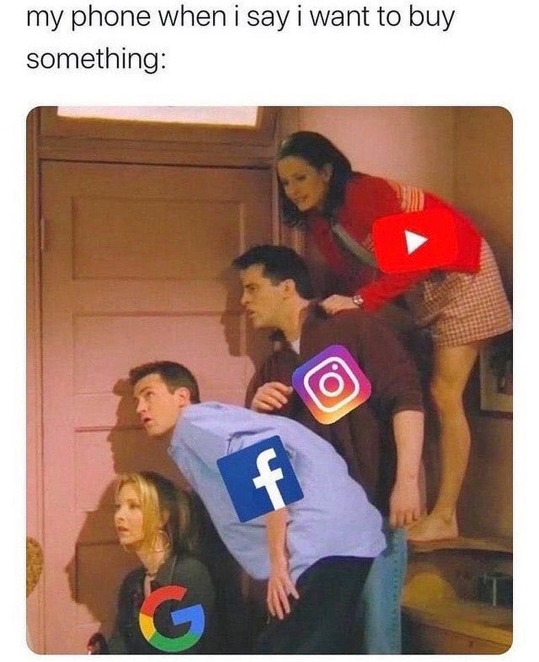 May be a meme of 3 people and text that says 'my phone when i say i want to buy something: f G'