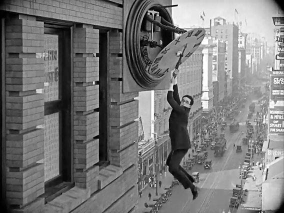 SAFETY LAST, 1923 Harold Lloyd hanging on clock, silent film thrill picture  comedy Mildred Davis