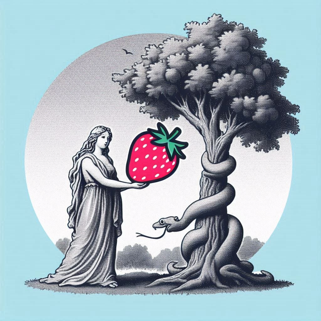 Eva prendendo il frutto della conoscenza, ma il frutto è una fragola che appare come uno sticker/emoji, su uno sfondo blu chiaro monocolore, con uno sketch monocolore nero dettagliato di Eva, l'albero e il serpente.
