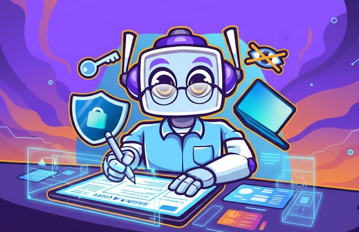 A friendly light blue neuralbuddy character with glasses and purple headphones is diligently writing on a transparent digital tablet that displays "SAFE AI USAGE CHEAT SHEET." Surrounding elements on a dark desk include a key, a shield with a lock, a crossed-out eye icon, and a laptop. The background features a dynamic gradient of purple and orange, with subtle circuit board patterns, extending edge-to-edge. A friendly light blue neuralbuddy character with glasses and purple headphones is diligently writing on a transparent digital tablet that displays "SAFE AI USAGE CHEAT SHEET." Surrounding elements on a dark desk include a key, a shield with a lock, a crossed-out eye icon, and a laptop. The background features a dynamic gradient of purple and orange, with subtle circuit board patterns, extending edge-to-edge.