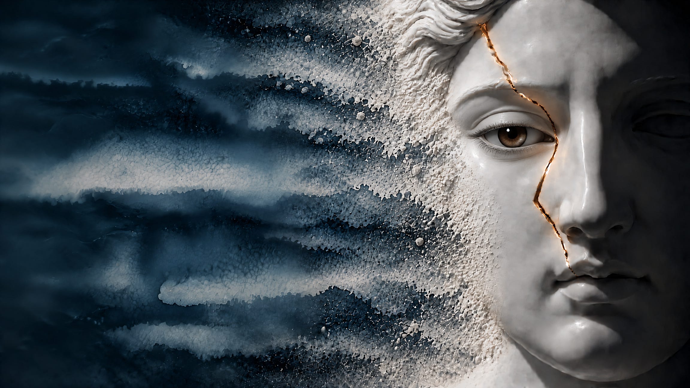 A white marble statue's face with a thin gold crack running through it. One eye is a real brown human eye. The side of the face crumbles into white dust, which fades into pale streaks across a dark blue background. A white marble statue's face with a thin gold crack running through it. One eye is a real brown human eye. The side of the face crumbles into white dust, which fades into pale streaks across a dark blue background.