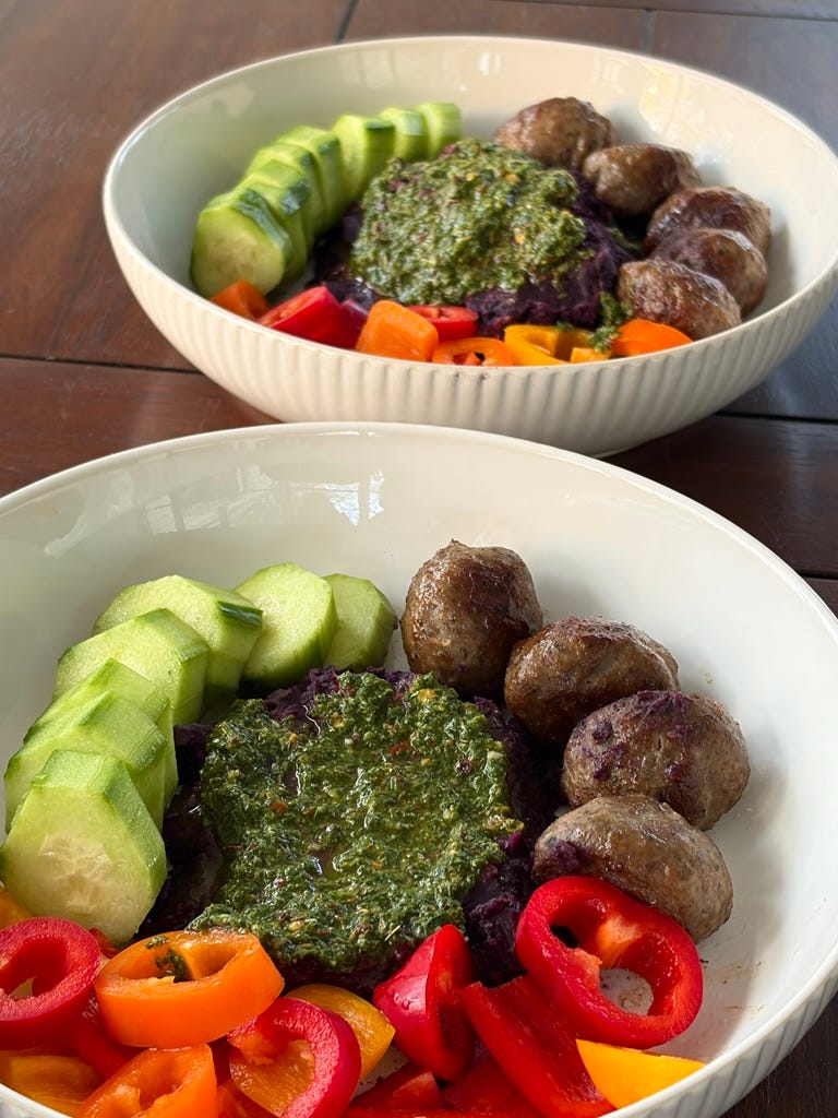Ancestral meatball bowls with chimichurri smashed sweet potato 