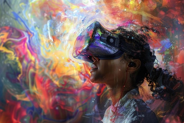 Woman immersed in a vibrant virtual reality experience surrounded by  colorful abstract art and wearing a vr headset | Premium Photo