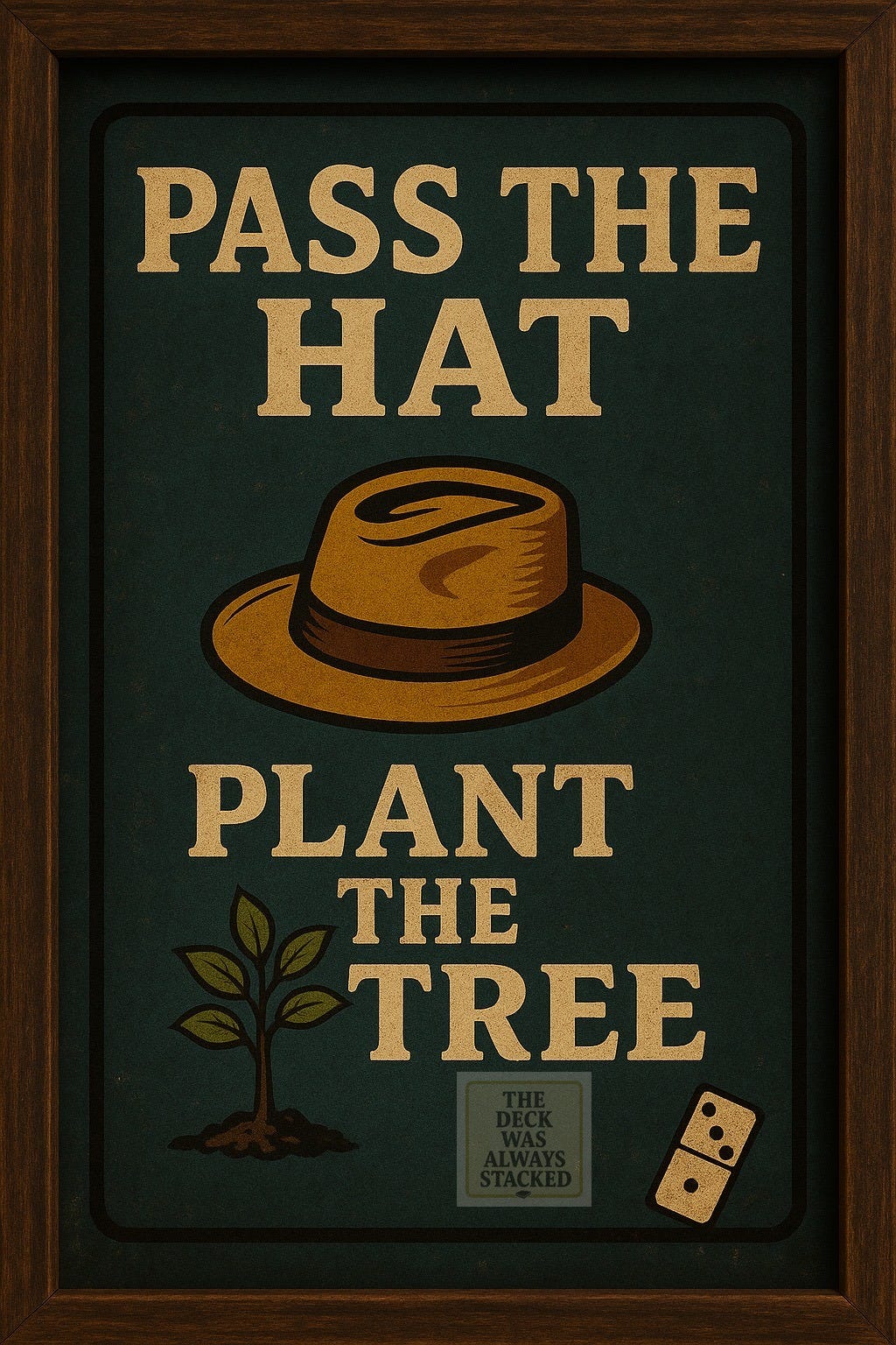 Vintage poster showing a green felt background with a framed design: a stylized hand tipping a hat while a sapling grows from the brim. Pool hall colors — Havana teal and deep brown — evoke resilience and renewal. The design suggests passing kindness forward while planting new roots.