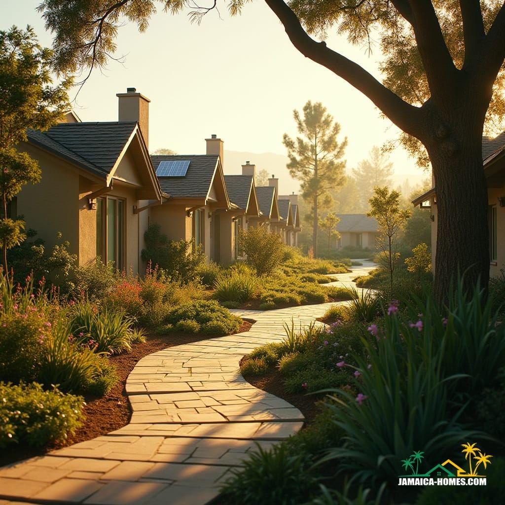 Community Green Spaces: A wide shot of a neighborhood with green spaces and walkable paths, demonstrating a sustainable, eco-friendly community. The modern homes in the background could be energy-efficient with solar panels and lush, native landscaping.