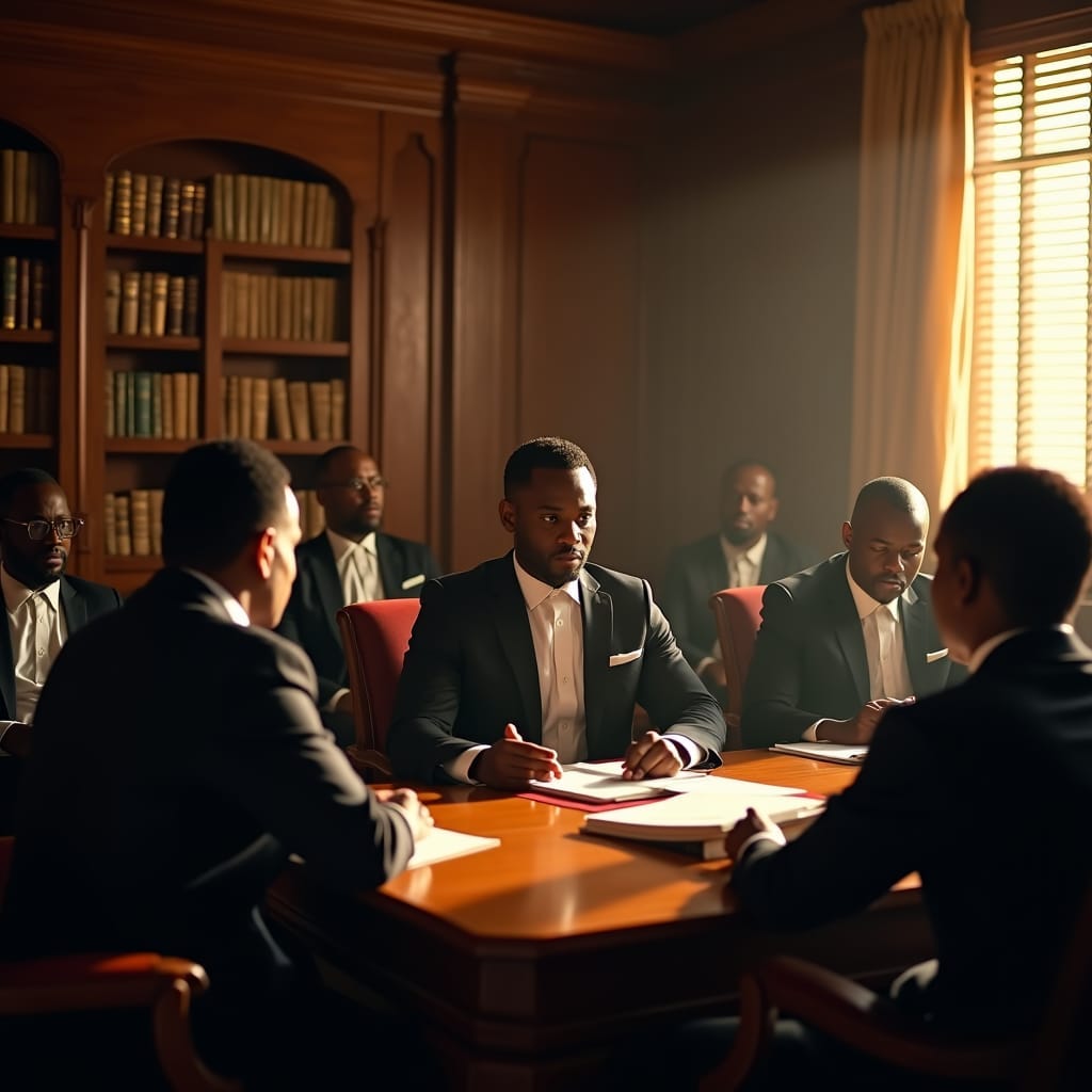 Experienced attorneys gathered around a large mahogany table in a dimly lit, high-ceilinged conference room, surrounded by walls lined with rows of leather-bound law books, warm sunlight filtering through the wooden shutters, casting a golden glow on the scene.