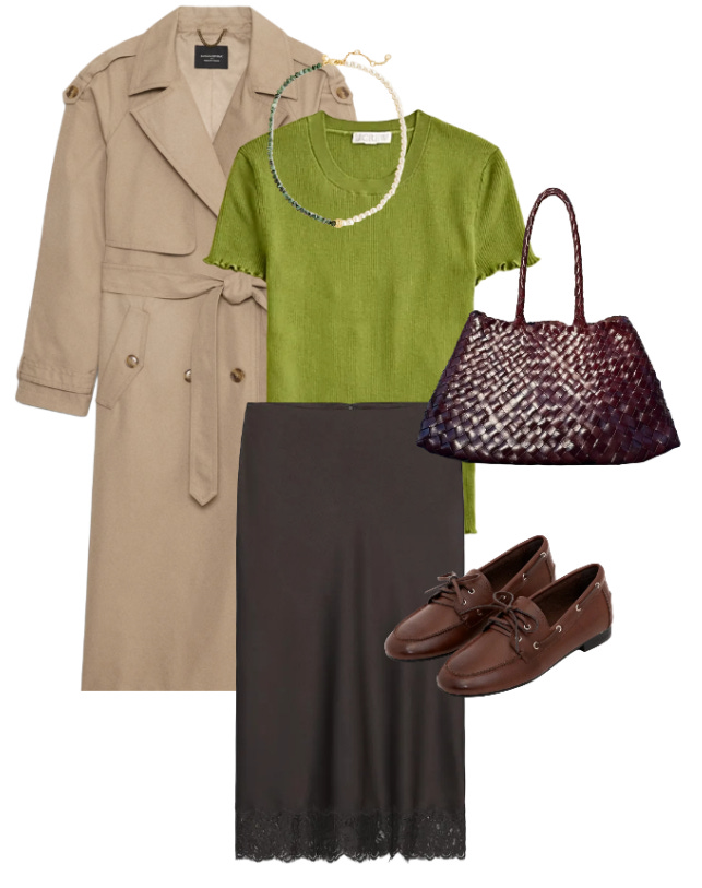 peche boat shoe ($89), zara satin lace effect skirt ($79), j.crew ruffle trim t-shirt ($98), banana republic trench ($92), j.crew two-tone pearl necklace ($69), etsy woven tote ($119, sorry I tried)