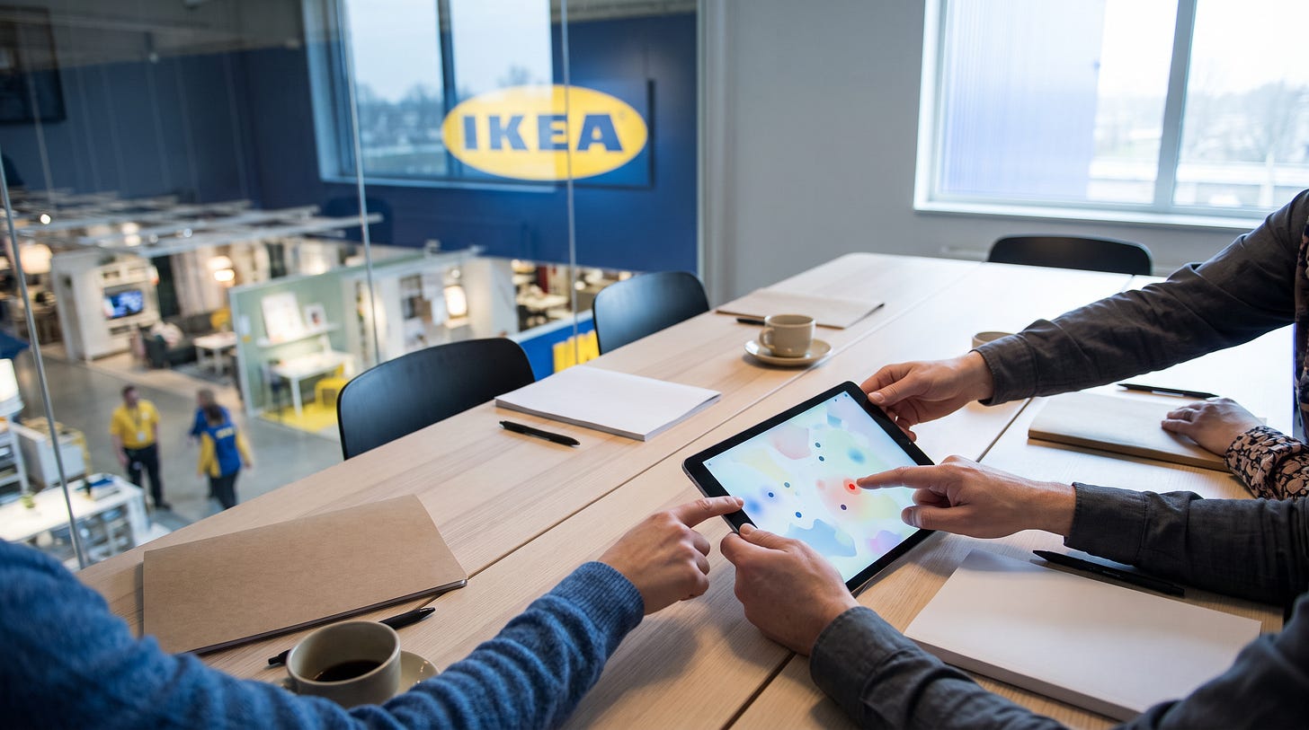 In een glazen vergaderruimte boven de winkelvloer van IKEA wijzen handen naar een tablet met een abstracte kaart In een glazen vergaderruimte boven de winkelvloer van IKEA wijzen handen naar een tablet met een abstracte kaart