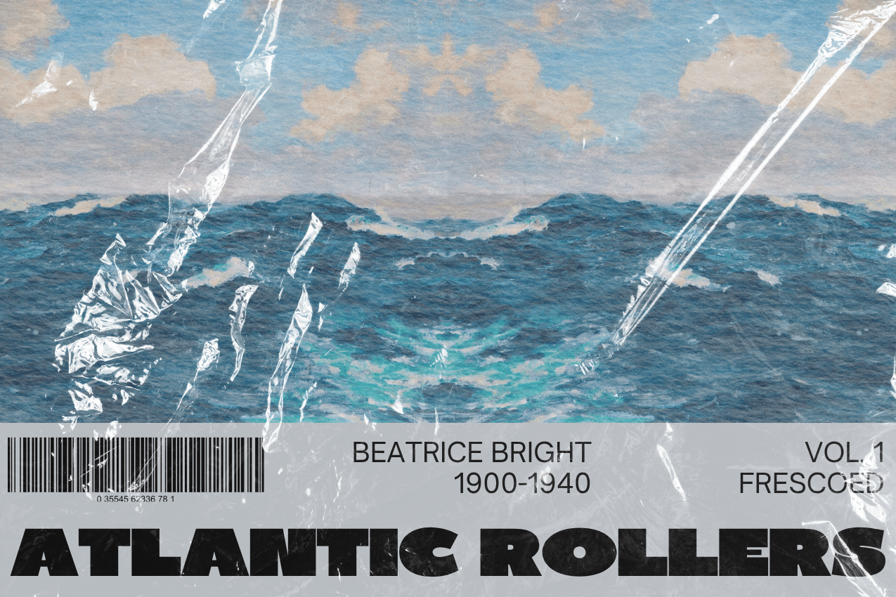 Title card featuring a matte, textured print of Beatrice Bright’s “Atlantic Rollers” (1900-1940), depicting a mirrored seascape with crashing deep blue waves and cloudy skies. Below, a solid gray band displays a barcode and clean typography reading the title, the artist's name, and “VOL. 1.” The entire image is encased in crinkled, reflective plastic shrink-wrap. Part of the Frescoed series at The Subtext Review.