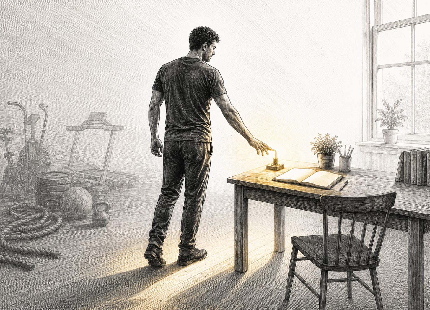 A man leaves heavy training equipment behind and touches a small glowing switch that lights a quiet workspace ahead. A man leaves heavy training equipment behind and touches a small glowing switch that lights a quiet workspace ahead.