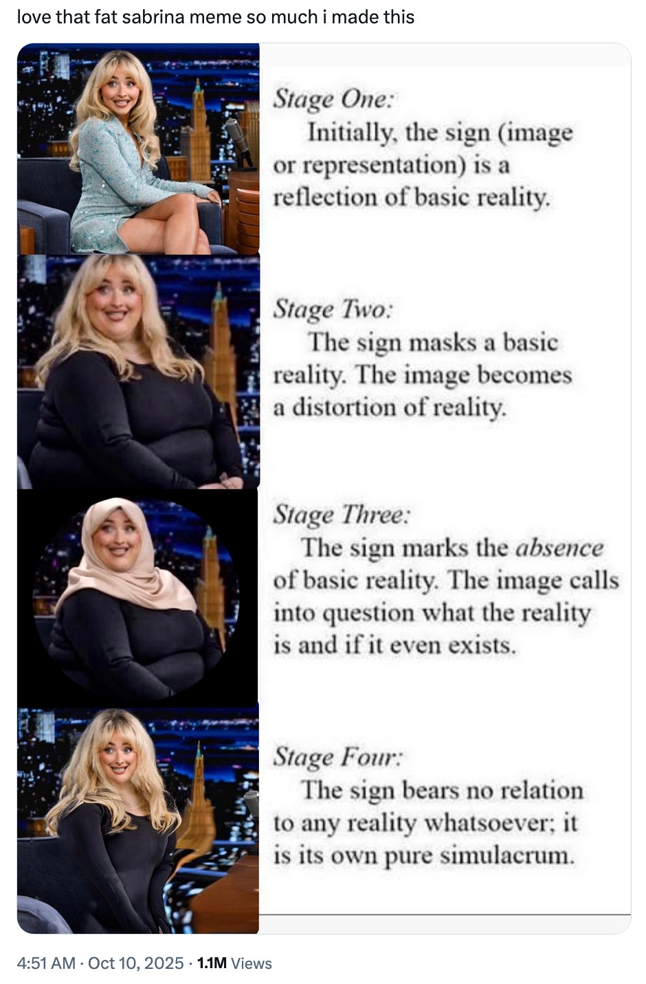 Image of Sabrina on a talk show with caption: Stage One: Initially, the sign (image or representation) is a reflection of basic reality.  First image of Sabrina is now made "fat," with caption: Stage Two: The sign masks a basic reality. The image becomes a distortion of reality.   "Fat Sabrina" is now made Muslim, with caption: Stage Three: The sign marks the absence of basic reality. The image calls into question what the reality is and if it even exists.  "Fat Sabrina" is now digitally altered to be skinny, with caption: Stage Four: The sign bears no relation to any reality whatsoever; it is its own pure simulacrum.