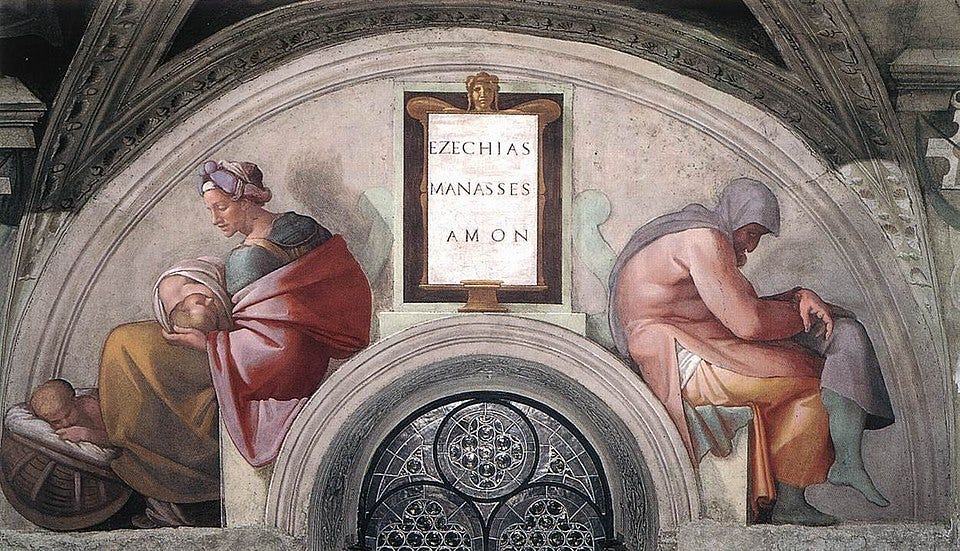 File:Michelangelo - Sistine Chapel ceiling - Lunette "Hezekiah - Manasseh - Amon".jpg