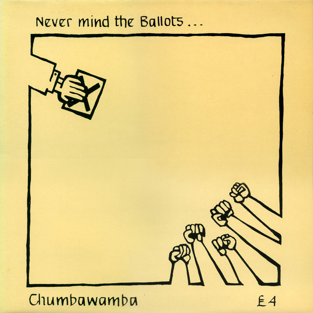 Album cover art for Chumbawumba's Never Mind the Ballots. A black line drawing of a hand extending with a ballot card towards a bunch of raised fists.