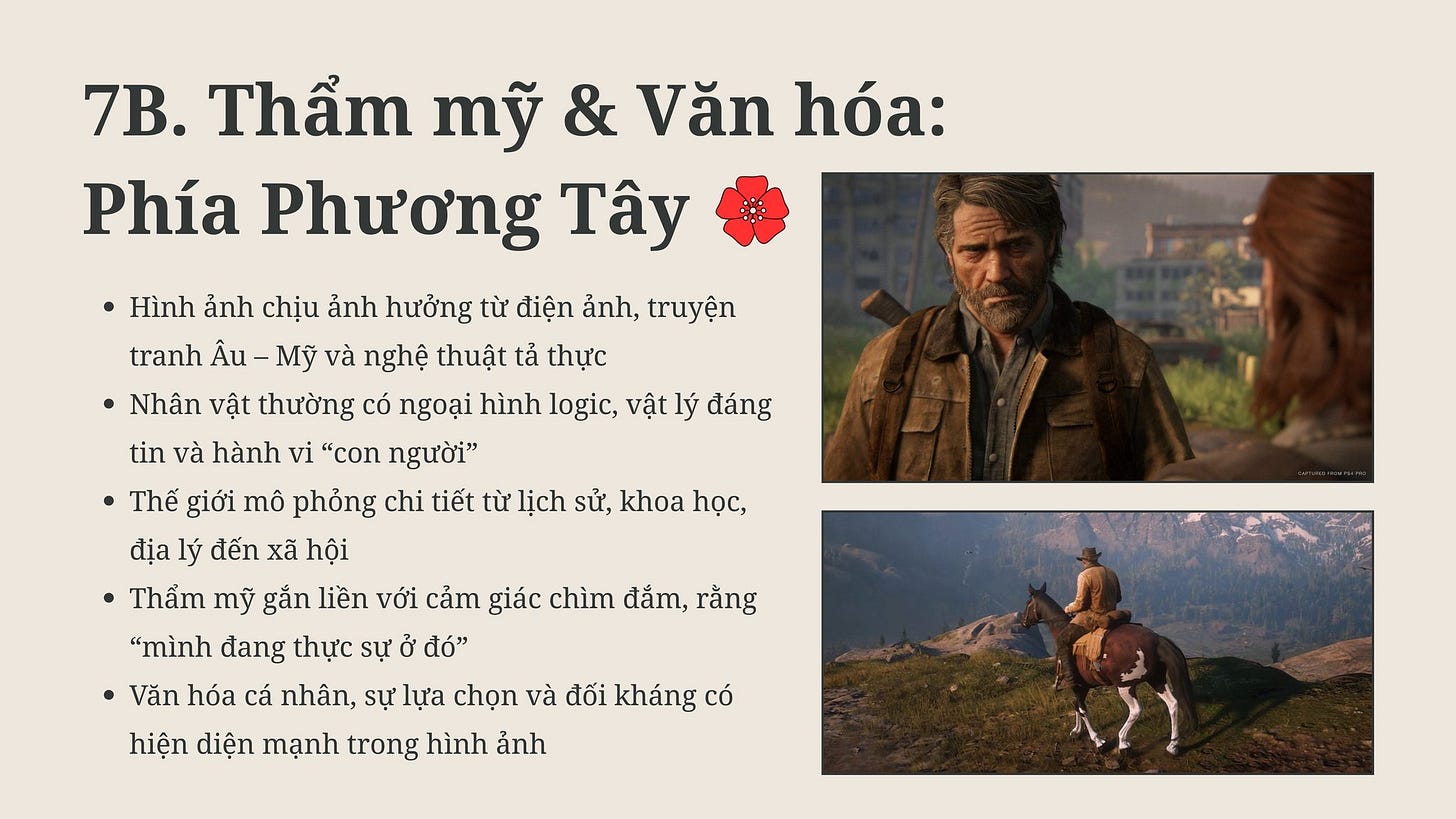 May be an image of 2 people and text that says '7B. Thẩm mỹ & Văn hóa: Phía Phương Tây Hình ảnh chịu ảnh hưởng từ điện ảnh, truyện tranh Âu My và nghệ thuật tả thực Nhân vật thường có ngoại hình logic, vậtlý đáng tin và hành vi "con người" Thế giới mô phỏng chi tiết từ lịch sử, khoa học, địa lý đến xã hội Thẩm mỹ gắn liền với cảm giác chìm đắm, rằng "mình đang thực sự ở đó" Văn hóa ca nhân, sự lựa chọn và đối kháng có hiện diện mạnh trong hình ảnh' May be an image of 2 people and text that says '7B. Thẩm mỹ & Văn hóa: Phía Phương Tây Hình ảnh chịu ảnh hưởng từ điện ảnh, truyện tranh Âu My và nghệ thuật tả thực Nhân vật thường có ngoại hình logic, vậtlý đáng tin và hành vi "con người" Thế giới mô phỏng chi tiết từ lịch sử, khoa học, địa lý đến xã hội Thẩm mỹ gắn liền với cảm giác chìm đắm, rằng "mình đang thực sự ở đó" Văn hóa ca nhân, sự lựa chọn và đối kháng có hiện diện mạnh trong hình ảnh'