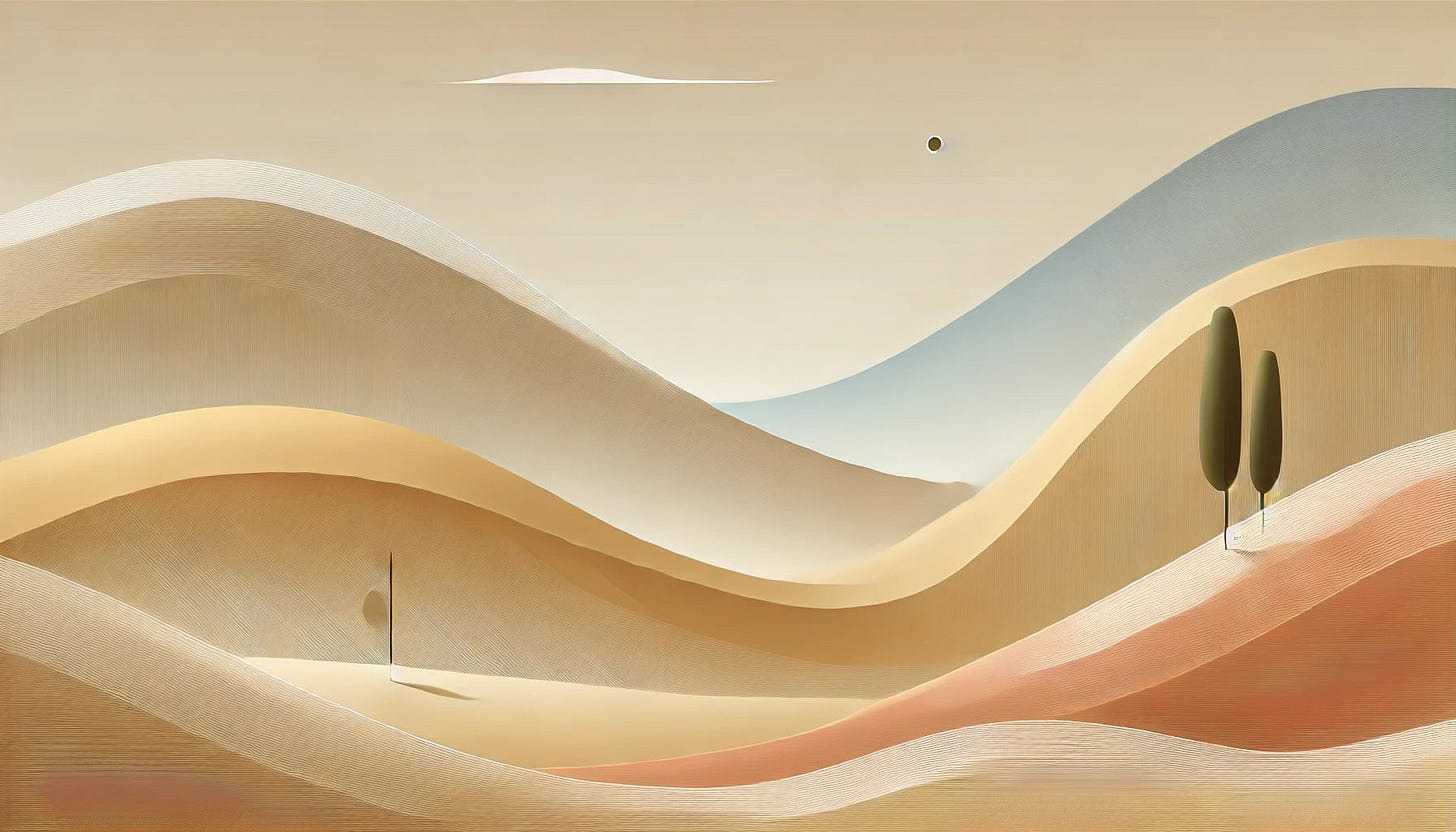 Minimalist landscape featuring soft, flowing hills in warm earthy tones of beige, sand, and light brown. Two abstract trees stand on the right, creating a sense of tranquility and openness, evoking themes of balance, calm, and transparency.