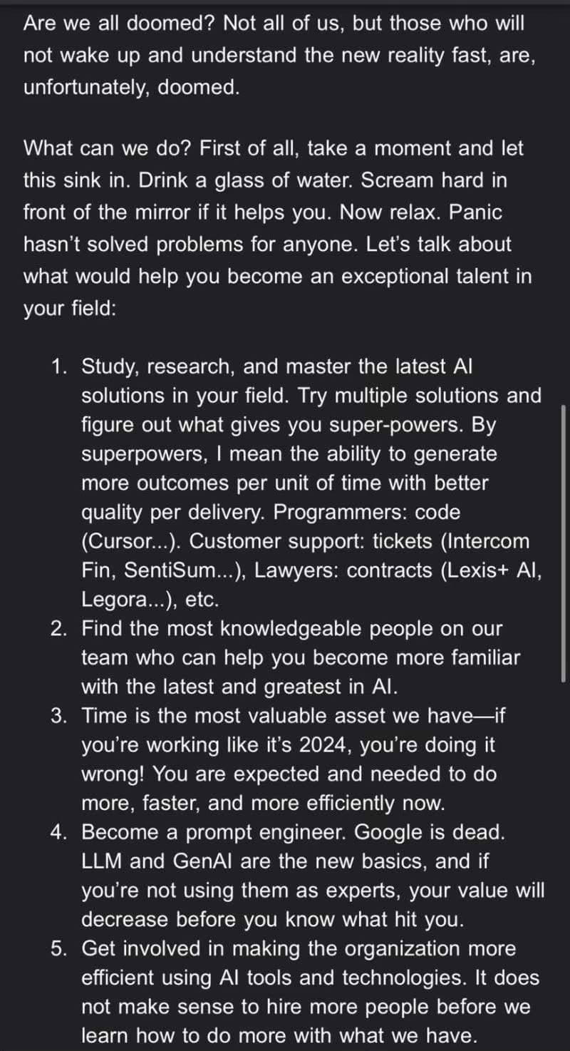 Continuation of Micha Kaufman’s memo urging employees not to panic but to act quickly. He lists seven actions to become an “exceptional talent,” including mastering AI tools, becoming a prompt engineer, and increasing efficiency using GenAI in their roles.
