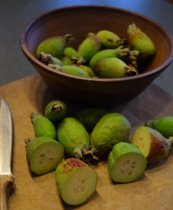 feijoa fruit on cutting board