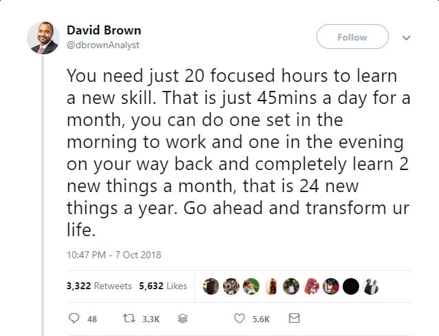 Screenshot of a tweet on Josh Kaufman’s process from 2018