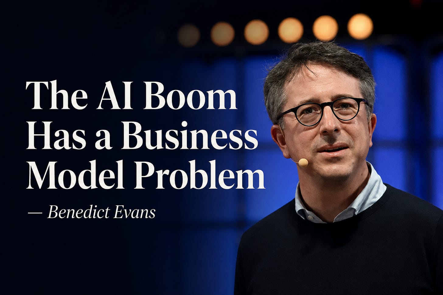 Promotional image showing Benedict Evans on stage beside the headline “The AI Boom Has a Business Model Problem.” Promotional image showing Benedict Evans on stage beside the headline “The AI Boom Has a Business Model Problem.”