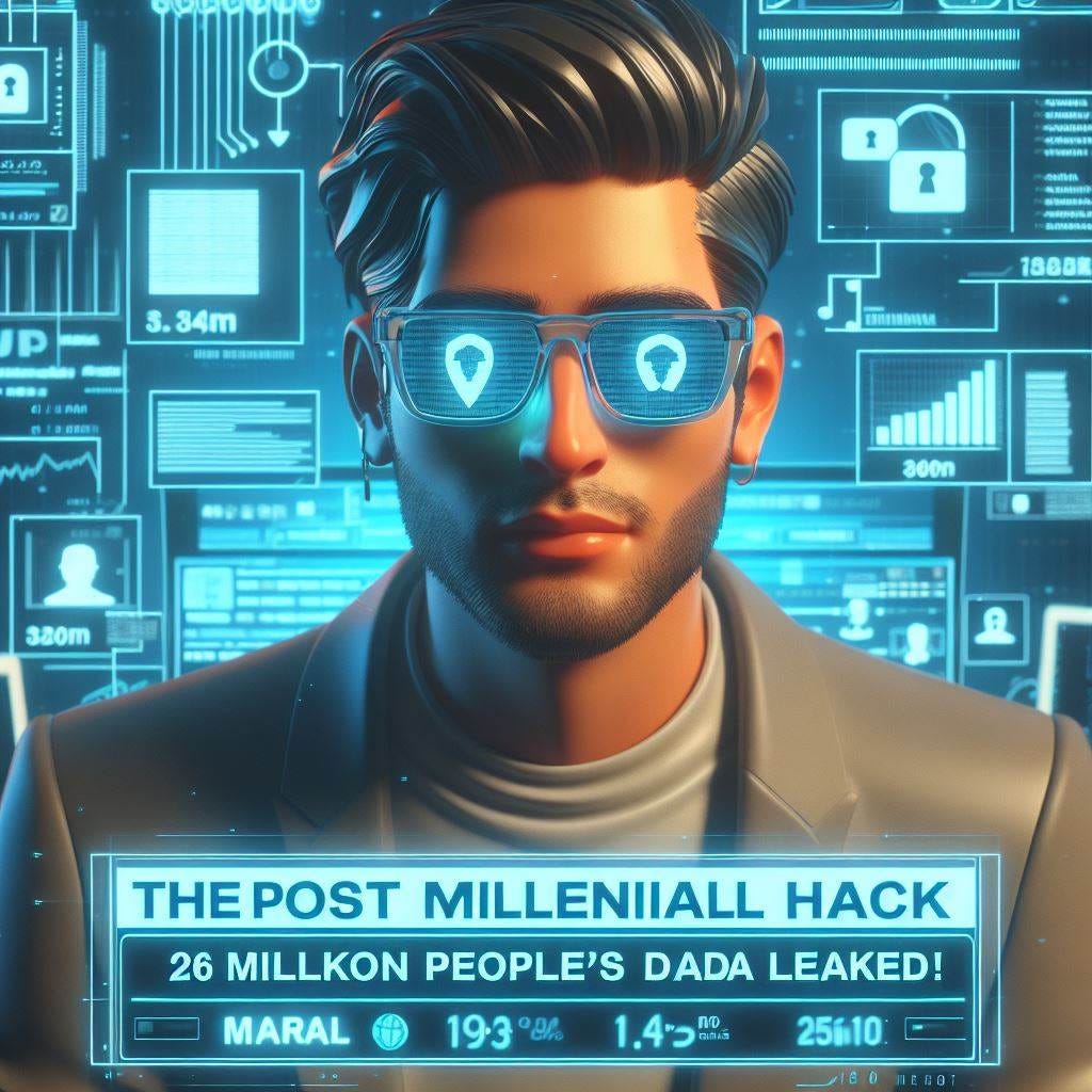 create an 3D image of: "The Post Millennial Hack: 26 Million People's Data Leaked!"