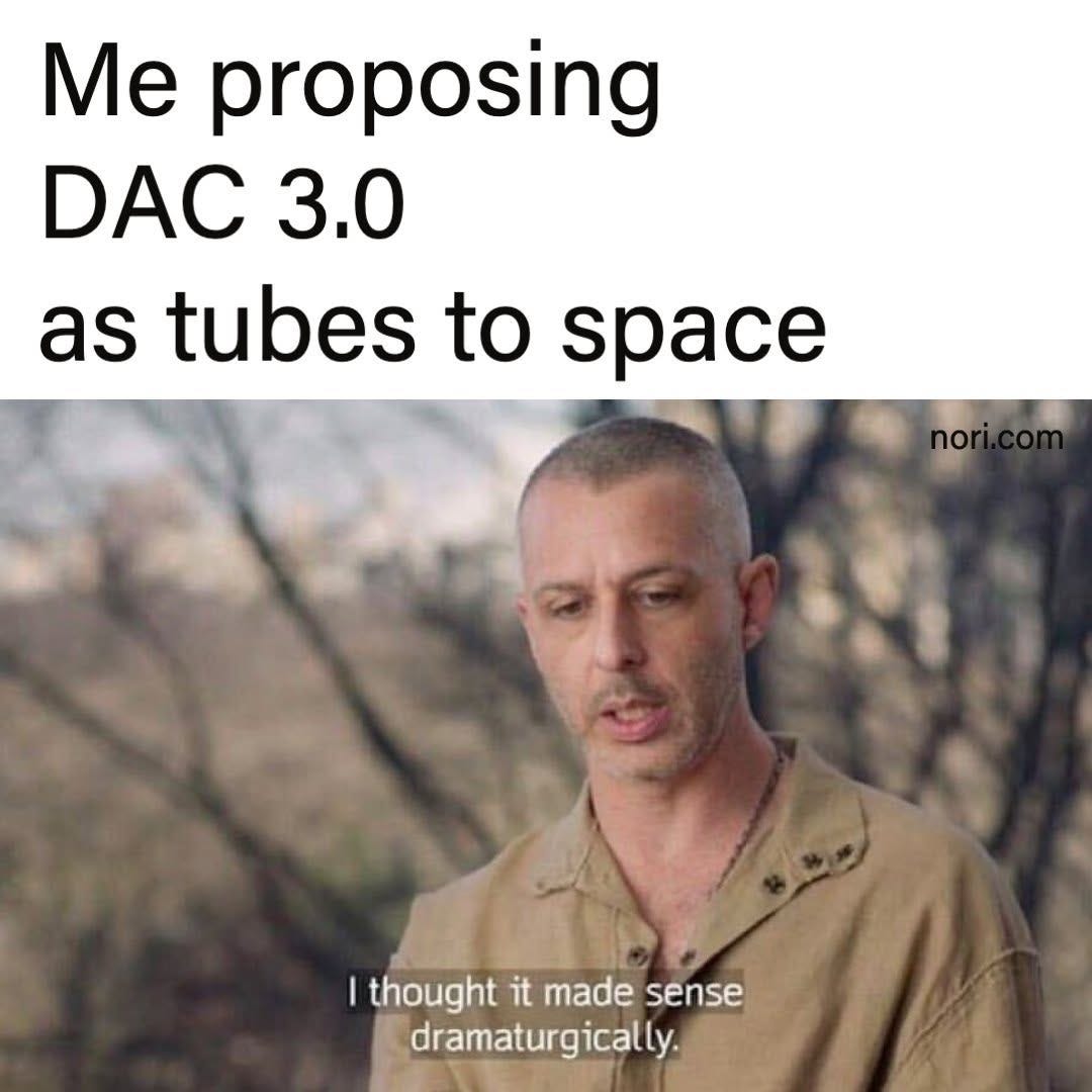 A still from Succession of a man speaking outdoors, under the text "Me proposing DAC 3.0 as tubes to space". Subtitle: "I thought it made sense dramaturgically."