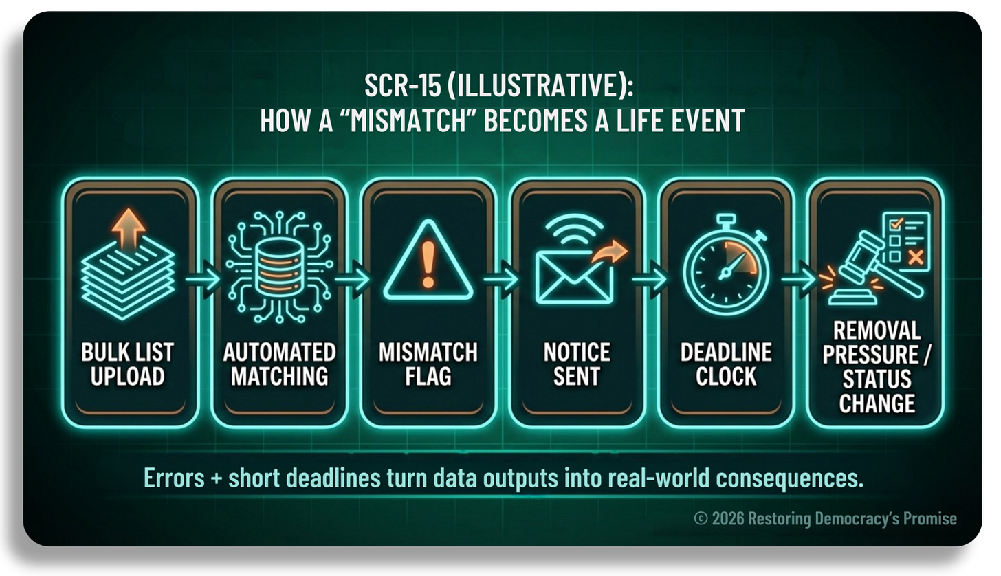 A dark, neon-styled flowchart titled “SCR-15 (Illustrative): How a ‘Mismatch’ Becomes a Life Event.” Six labeled panels run left to right: Bulk List Upload, Automated Matching, Mismatch Flag, Notice Sent, Deadline Clock, and Removal Pressure or Status Change. A line of text beneath explains that errors and short cure windows can turn automated data outputs into real-world consequences. A dark, neon-styled flowchart titled “SCR-15 (Illustrative): How a ‘Mismatch’ Becomes a Life Event.” Six labeled panels run left to right: Bulk List Upload, Automated Matching, Mismatch Flag, Notice Sent, Deadline Clock, and Removal Pressure or Status Change. A line of text beneath explains that errors and short cure windows can turn automated data outputs into real-world consequences.
