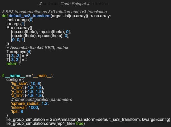 Implementation of the transformation in SE3 Lie algebra for the animation using Matplotllib Implementation of the transformation in SE3 Lie algebra for the animation using Matplotllib