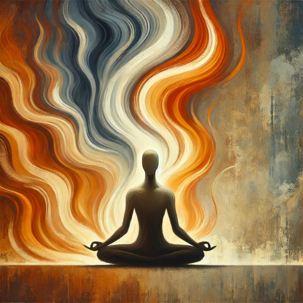 A minimalist yet powerful depiction of a calm figure meditating amidst stylized swirling flames, drawn in a painterly, semi-realistic style similar to the first image. The figure is simple and featureless, blending harmoniously into the abstract background while maintaining a strong presence. The flames are more symbolic than realistic, with smooth, flowing forms and warm gradients of orange, red, and gold contrasting against a cooler, neutral-toned background. The atmosphere conveys resilience, tranquility, and acceptance of struggle without resistance. The composition is balanced and meditative, evoking a timeless sense of endurance and inner peace.