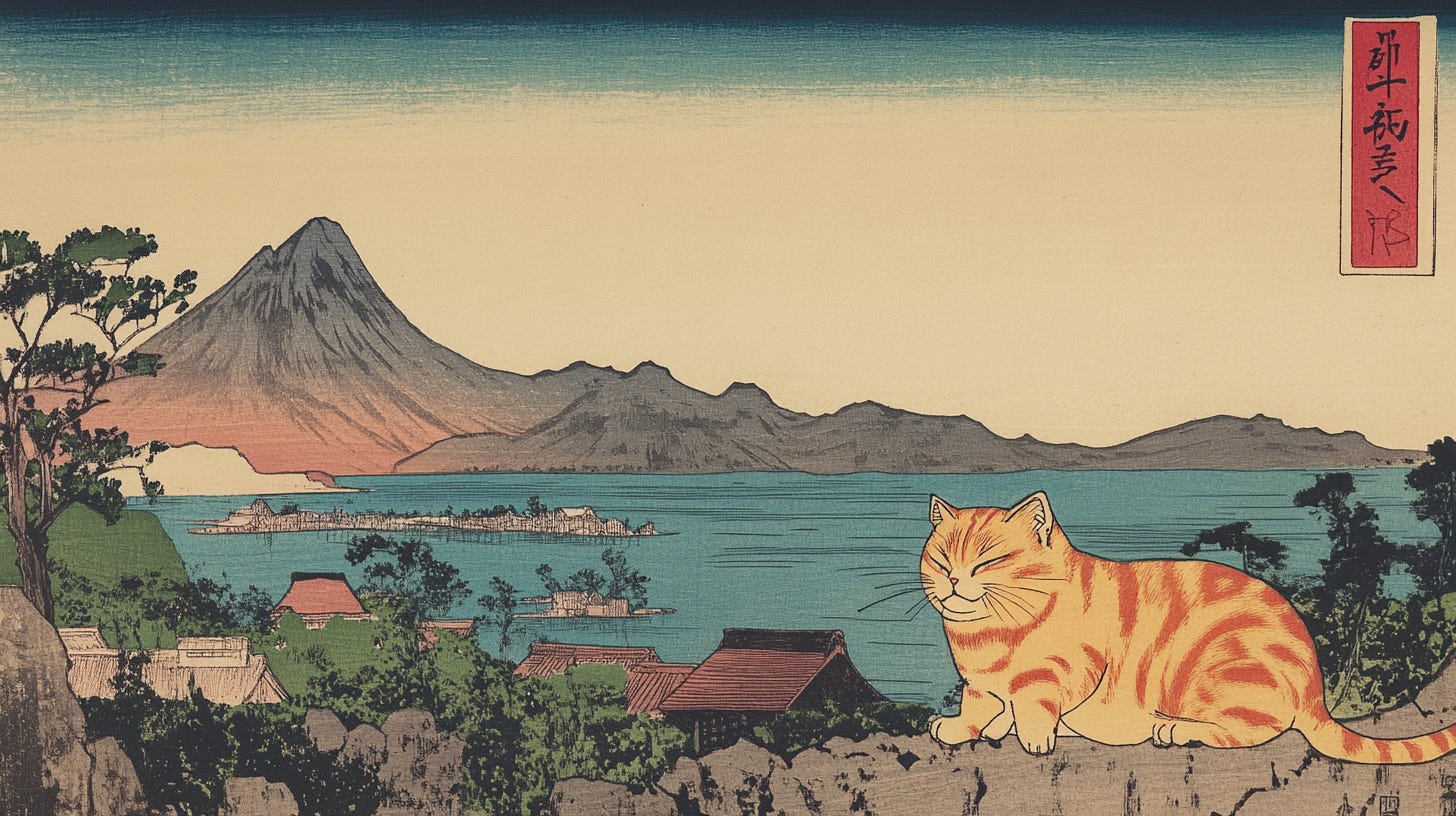woodblock print illustration of a giant cat at the Japanese countryside --ar 16:9 --profile j4fpm39 --v 6.1 woodblock print illustration of a giant cat at the Japanese countryside --ar 16:9 --profile j4fpm39 --v 6.1