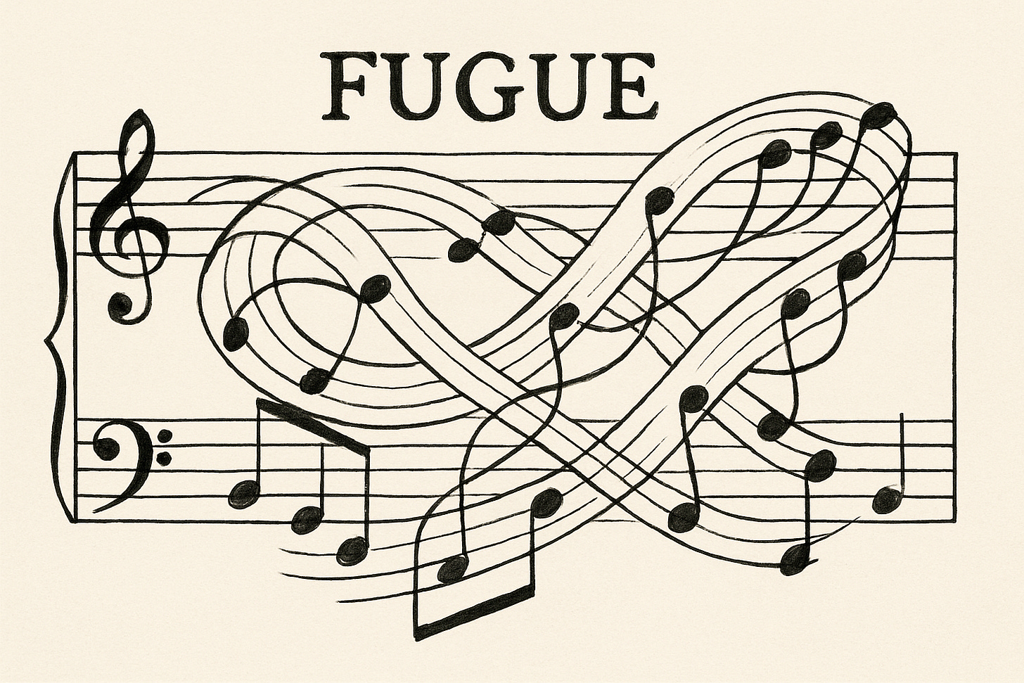 An ink drawing illustrating the concept of a musical fugue. The image features a sheet music staff with intertwining musical notes and curving lines that weave together, symbolizing the complex, interlacing structure of a fugue. At the top of the image, the word "FUGUE" is written in bold, uppercase letters. The overall style is clean and abstract, emphasizing the flowing, overlapping nature of the musical form.