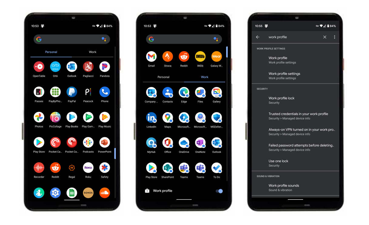 Three screenshots from my Google Pixel 3 XL, showing Android Work Profile in action: (left-to-right) Personal apps, Work apps, and work profile settings. Three screenshots from my Google Pixel 3 XL, showing Android Work Profile in action: (left-to-right) Personal apps, Work apps, and work profile settings.