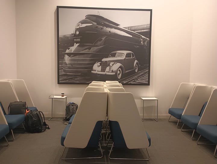 photo of main area of Union Station and photo of chairs in the lounge