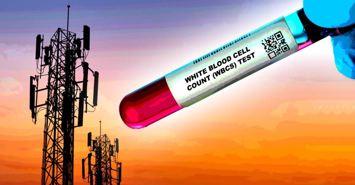 cell tower and lab test tube with words "white blood cell count test"