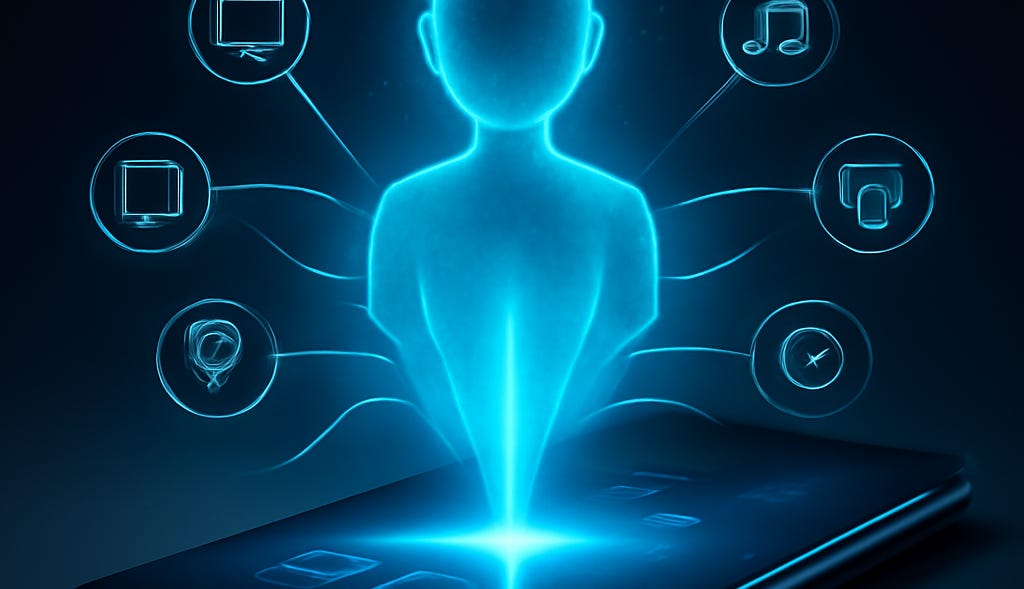 Futuristic smartphone with holographic AI assistant managing apps and voice commands effortlessly