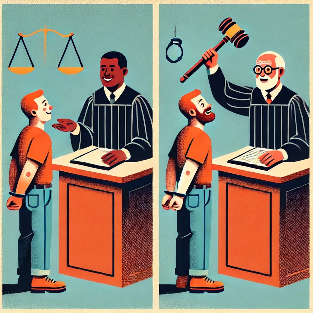 An image visually representing a double standard, split into two panels. Each panel shows the same scene: a person standing before a judge or authority figure. In the left panel, the person is receiving a light sentence or reward, represented by a smile, a small fine, or a gentle pat on the back. In the right panel, the person is receiving a harsh punishment, represented by a scowl, a heavy gavel, or handcuffs. Both individuals in the panels look nearly identical, emphasizing the difference in treatment despite the same situation. The background is simple, highlighting the contrast between the two outcomes. An image visually representing a double standard, split into two panels. Each panel shows the same scene: a person standing before a judge or authority figure. In the left panel, the person is receiving a light sentence or reward, represented by a smile, a small fine, or a gentle pat on the back. In the right panel, the person is receiving a harsh punishment, represented by a scowl, a heavy gavel, or handcuffs. Both individuals in the panels look nearly identical, emphasizing the difference in treatment despite the same situation. The background is simple, highlighting the contrast between the two outcomes.