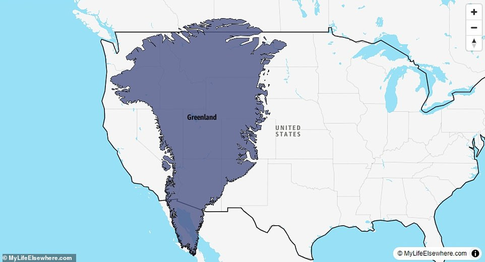Greenland in reality is slightly smaller than it appears on many maps - though it's still huge, covering 2,166,086 sq km. What this looks like in comparison to the U.S is shown above, with the latter 354 per cent bigger. Population-wise, the contrast is extreme, with just 57,000 people living in Greenland Greenland in reality is slightly smaller than it appears on many maps - though it's still huge, covering 2,166,086 sq km. What this looks like in comparison to the U.S is shown above, with the latter 354 per cent bigger. Population-wise, the contrast is extreme, with just 57,000 people living in Greenland
