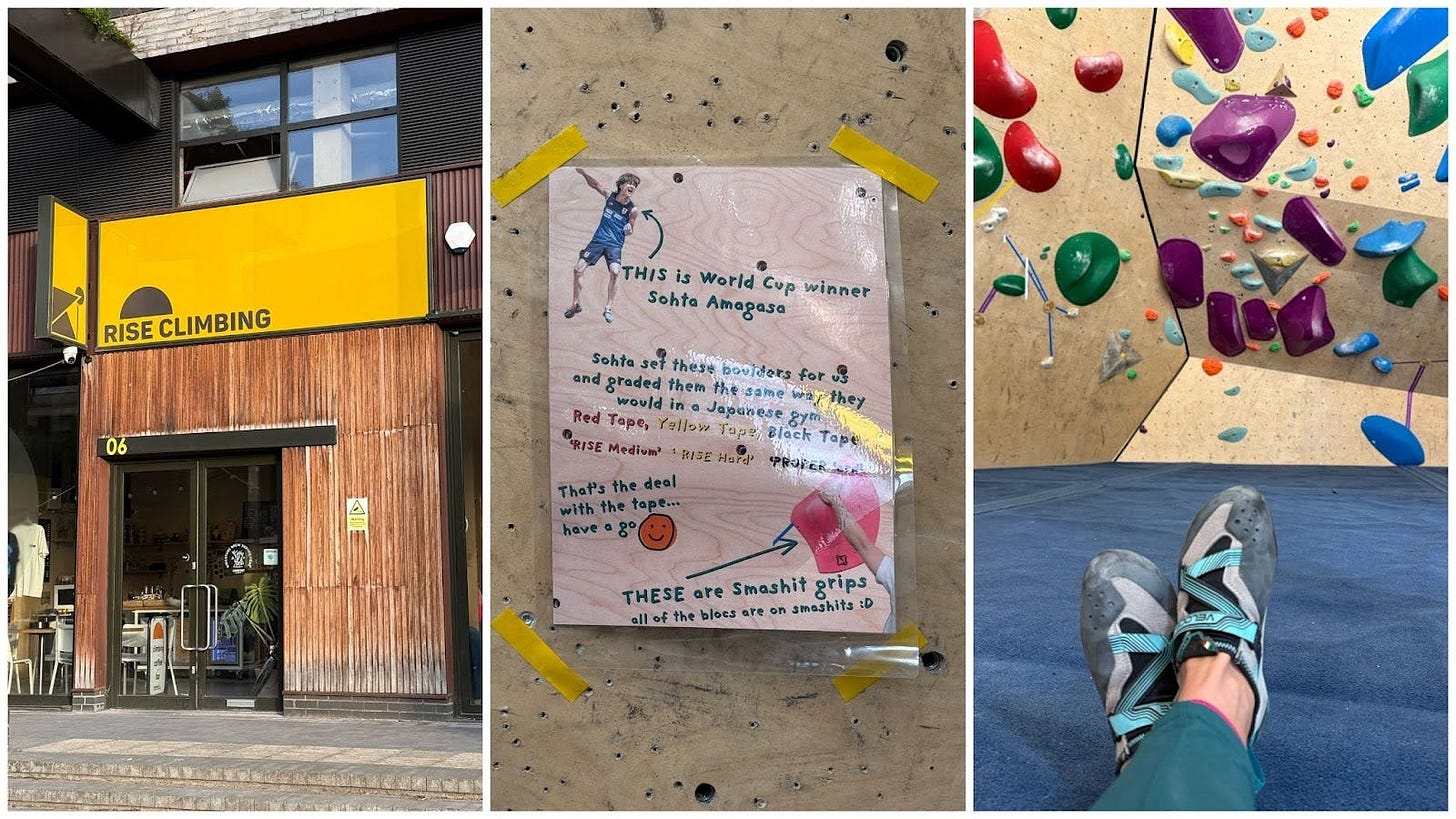 A collage of three photos related to a rock climbing venue called Rise Climbing. The first image showcases the venue’s exterior, featuring a building with a sign reading “Rise Climbing” above an entrance marked with “06.” The second image displays a close-up of a poster attached to a climbing wall. The poster highlights World Cup winner Sohta Amagasa, mentioning that he set the some of the bouldering problems. The third image shows a pair of climbing shoes placed on a blue mat.