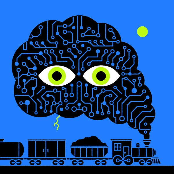 An illustration of a coal train against a blue background emitting a huge plume of smoke that has two eyes. 