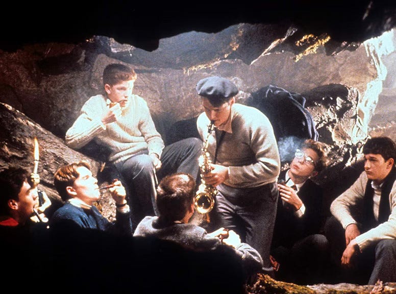 Dead Poets Society: The cave where the boys of the group gather to read and talk freely, in violation of the rules of the college. - Here Dead Poets Society: The cave where the boys of the group gather to read and talk freely, in violation of the rules of the college. - Here
