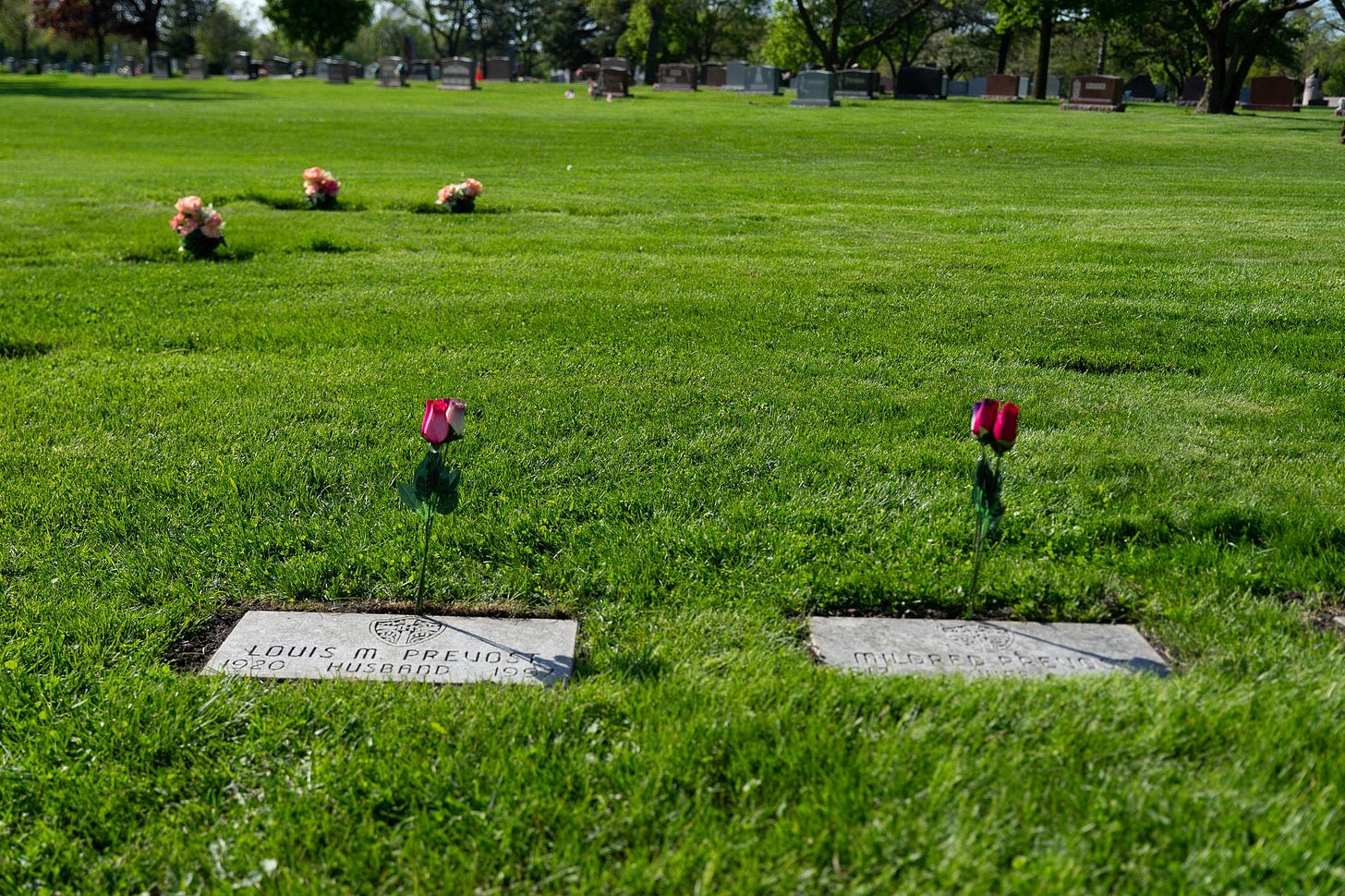 Grave markers of Louis and Mildred Prevost at Assumption Cemetery, Glenwood, Illinois Grave markers of Louis and Mildred Prevost at Assumption Cemetery, Glenwood, Illinois