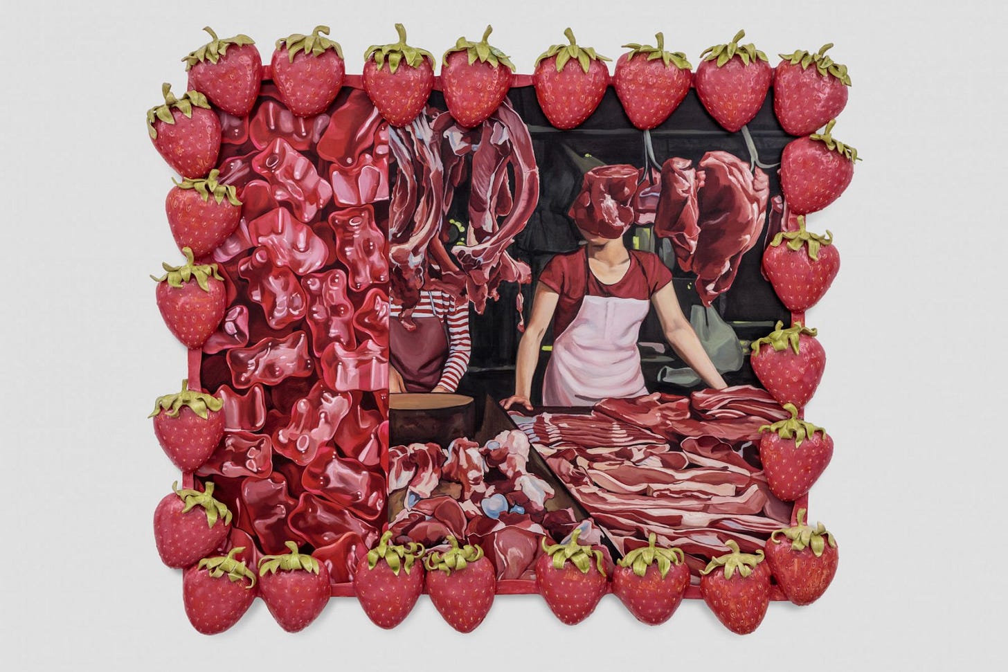 Stephanie Temma Hier Sparks and Tremors, 2021 Oil on linen with glazed stoneware sculpture 75 x 83 x 7 1/2 in 190.5 x 210.8 x 19.1 cm (SHI21.010) Stephanie Temma Hier Sparks and Tremors, 2021 Oil on linen with glazed stoneware sculpture 75 x 83 x 7 1/2 in 190.5 x 210.8 x 19.1 cm (SHI21.010)