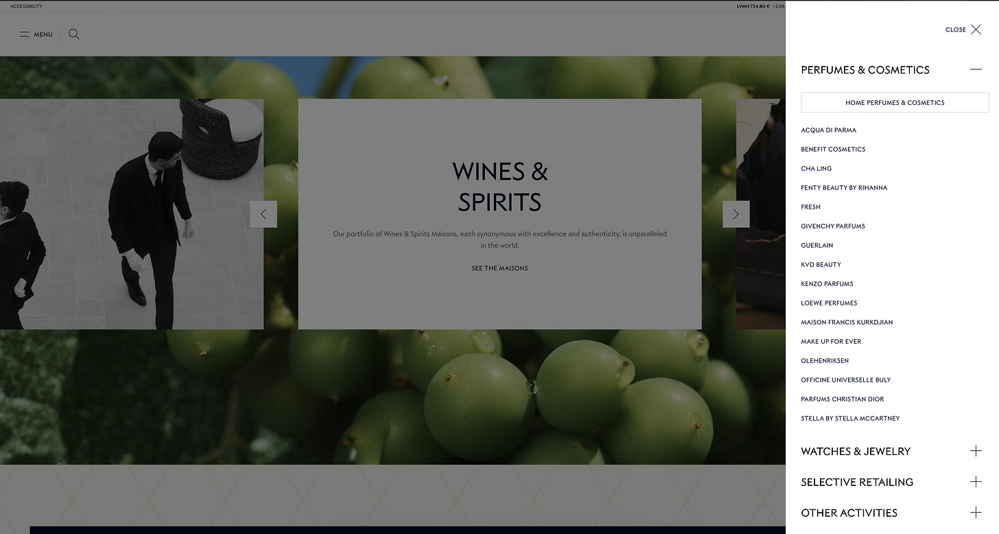 "Website interface showcasing a section titled 'WINES & SPIRITS' with the description 'Our portfolio of Wines & Spirits Maisons, each synonymous with excellence and authenticity, is unparalleled in the world. SEE THE MAISONS'. The background image features green grapes. The left side of the screen shows a photo of two men in suits walking. The right side of the screen displays a menu with categories including 'PERFUMES & COSMETICS' listing brands like Acqua di Parma, Benefit Cosmetics, Fenty Beauty by Rihanna, Givenchy Parfums, Guerlain, and others. There are expandable sections for 'WATCHES & JEWELRY', 'SELECTIVE RETAILING', and 'OTHER ACTIVITIES'. "Website interface showcasing a section titled 'WINES & SPIRITS' with the description 'Our portfolio of Wines & Spirits Maisons, each synonymous with excellence and authenticity, is unparalleled in the world. SEE THE MAISONS'. The background image features green grapes. The left side of the screen shows a photo of two men in suits walking. The right side of the screen displays a menu with categories including 'PERFUMES & COSMETICS' listing brands like Acqua di Parma, Benefit Cosmetics, Fenty Beauty by Rihanna, Givenchy Parfums, Guerlain, and others. There are expandable sections for 'WATCHES & JEWELRY', 'SELECTIVE RETAILING', and 'OTHER ACTIVITIES'.