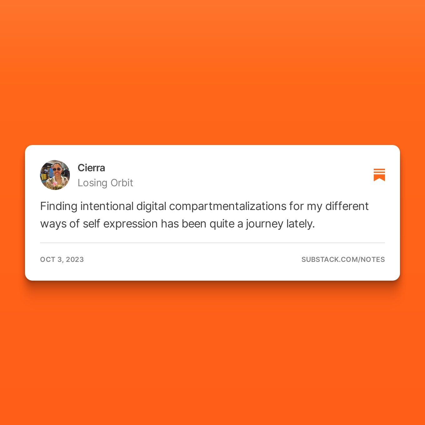 A Note that looks like a tweet that says, "Finding international digital compartmentalizations for my different ways of self expression has been quite a journey lately."