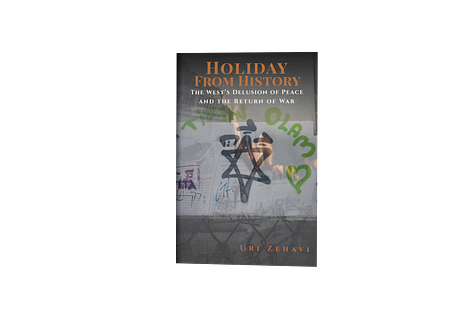 The cover of Holiday From History presents the Star of David defaced by graffiti, flames flickering behind it, and the words tikkun olam sprayed in green—an image that captures the collision of Jewish endurance and Western illusion.