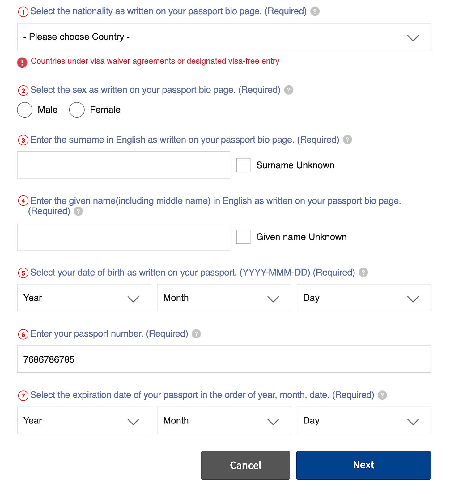 Form fields: nationality, sex, surname, given name, date of birth, passport name, passport expiration date. Each field accompanied by a "Required" text and a tooltip icon. Form fields: nationality, sex, surname, given name, date of birth, passport name, passport expiration date. Each field accompanied by a "Required" text and a tooltip icon.