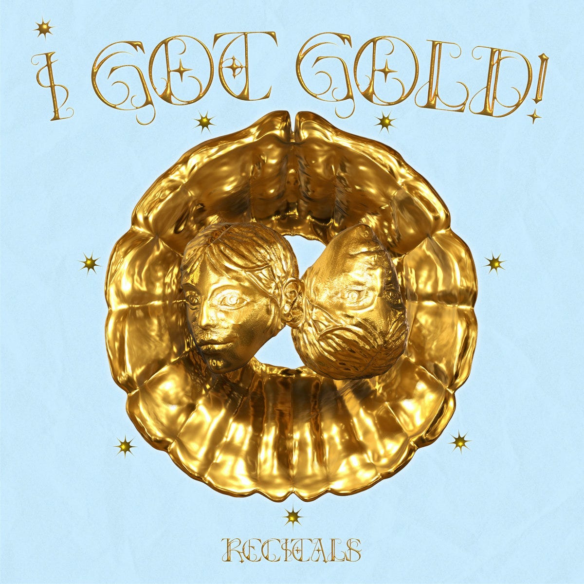 The album art for Recitals' EP I GOT GOLD! On a blue background, there's the text I GOT GOLD! Recitals, in spindly gold type, above and below an image of two heads, sculpted in gold, joined at the ear, with one upside down, both surrounded by a golden ring of connected segments that looks a bit like a seashell.
