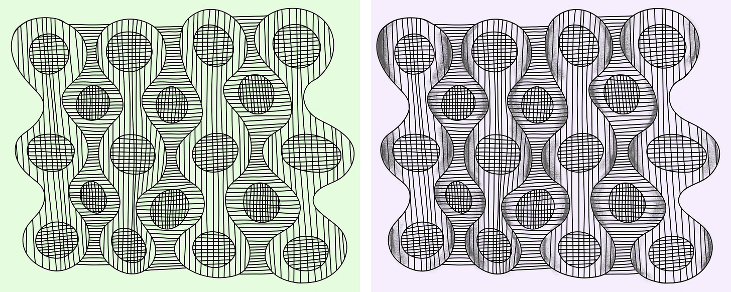 Step 5 image: Overlapping vertical lines Step 6 image: Completed drawing with shading